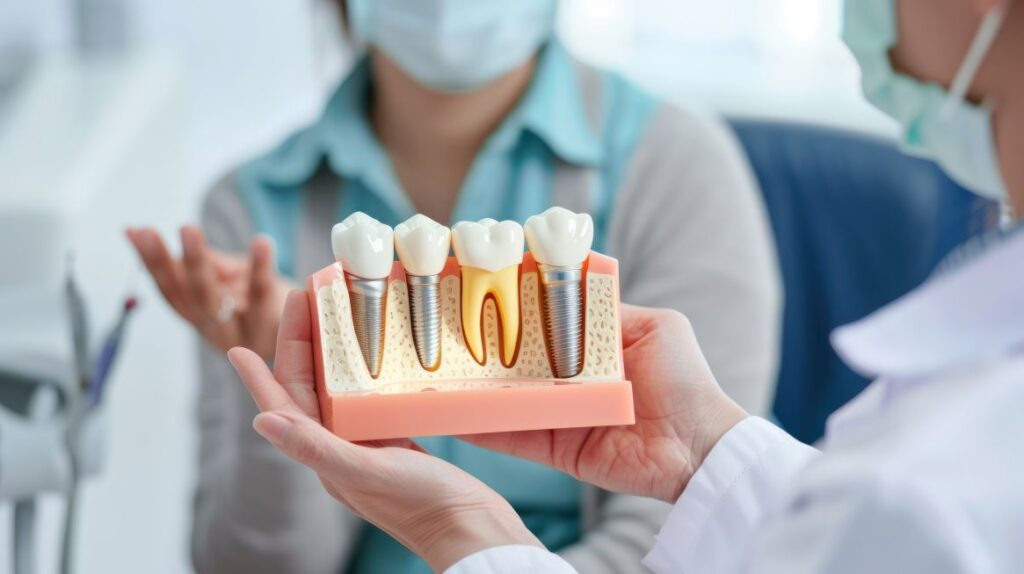 A dentist showing a patient a model of a dental implant